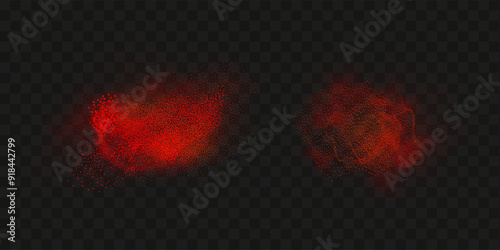 Grainy scatterings of  spicy burst . Splashes of  red pepper powder.Overlay effect chilli or paprika spice splatters. Vector realistic illustration of hot dried spice.