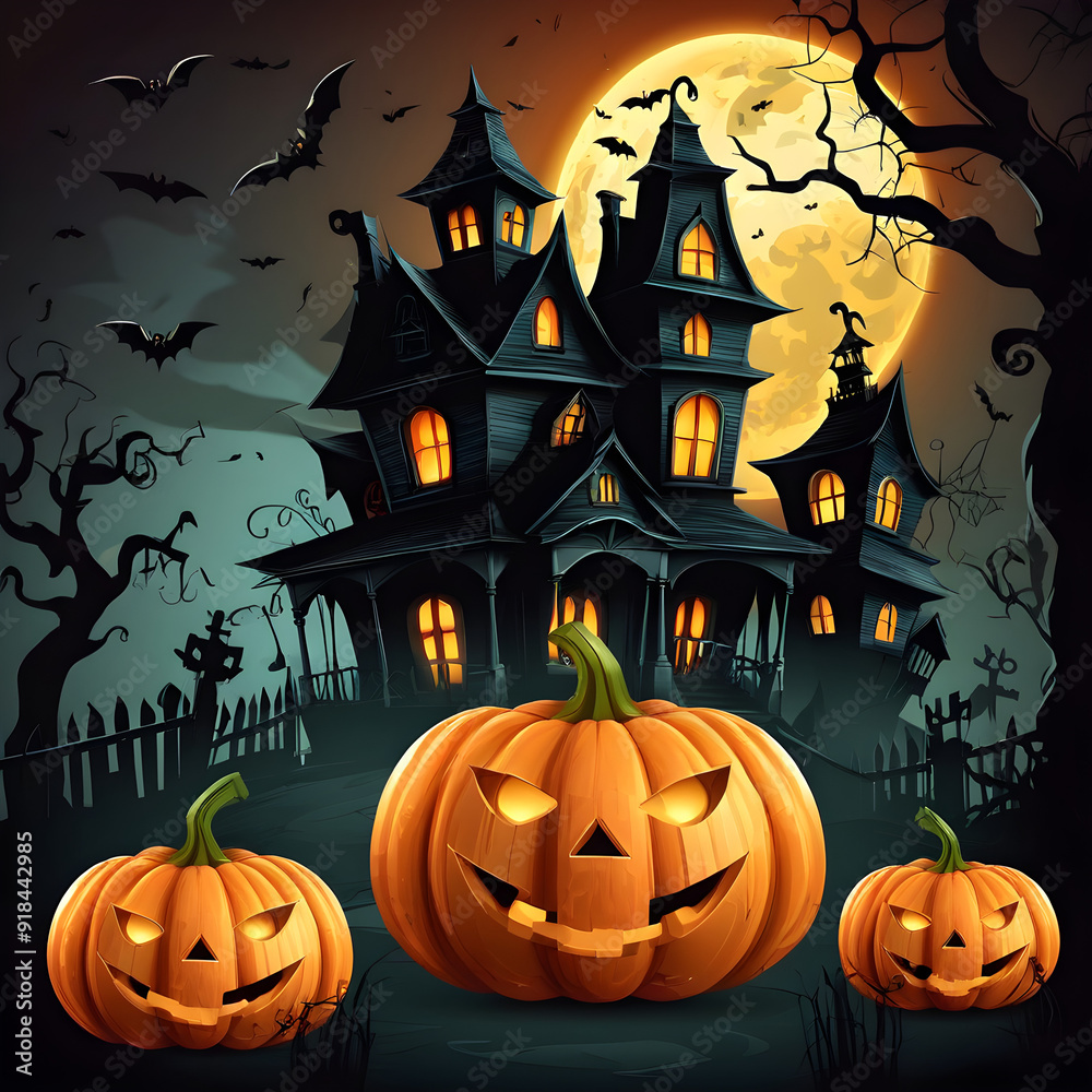 Halloween background with scary house and pumpkins Halloween background with scary house and pumpkins