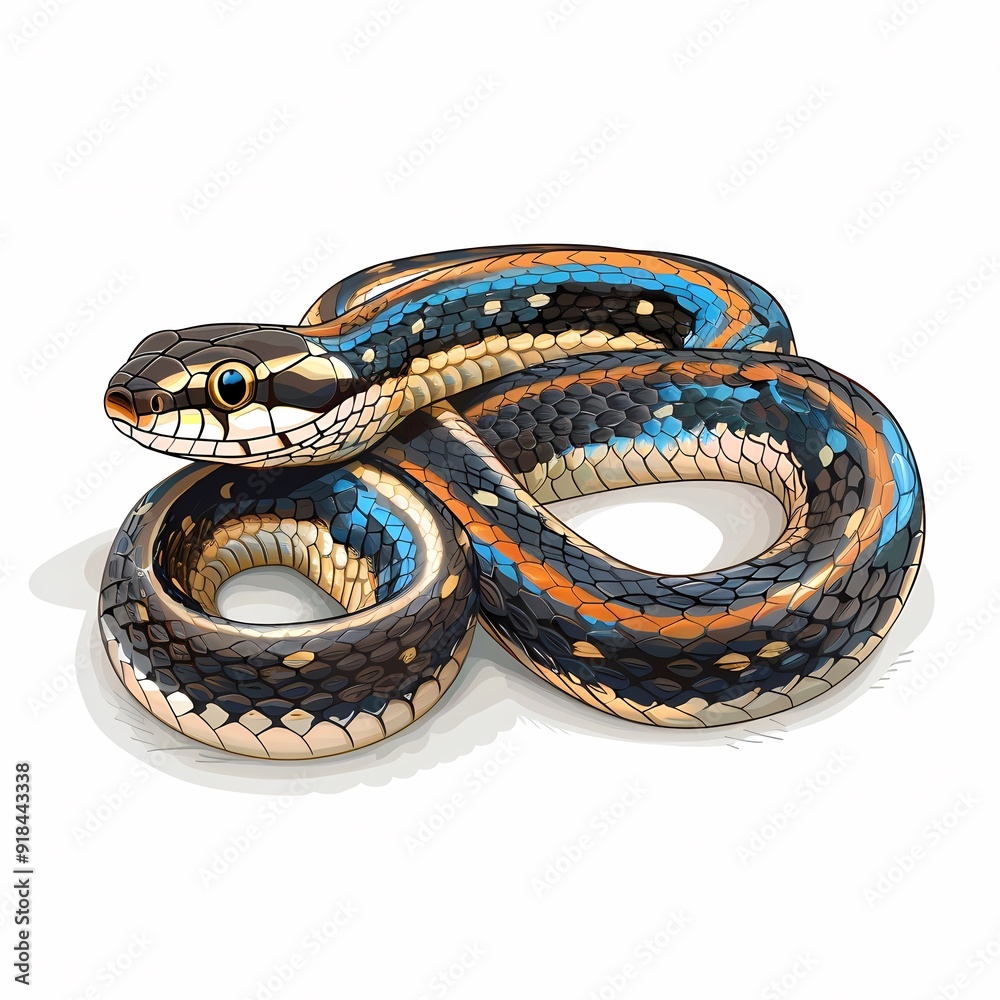 Fototapeta premium Colorful snake with black, yellow, blue and orange stripes, coiled on white background.