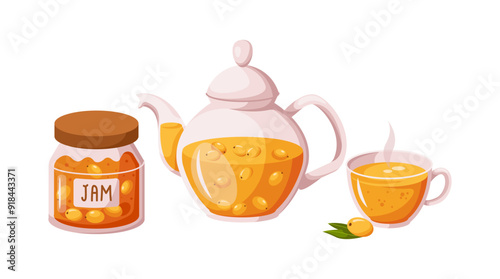 Jam and hot tea made of sea buckthorn berries 2D cartoon objects set. Organic handmade food and drinks flat line vector icons on white
