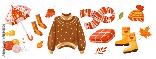 Warm clothes for cold autumn weather 2D cartoon objects set. Fall season cozy fashion items flat line vector icons on white background