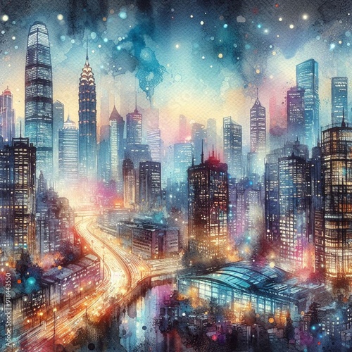 a bustling cyberpunk city at night, with towering skyscrapers bathed in the glow of neon signs. The streets are slick with rain, reflecting the myriad of lights and adding to the futuristic atmosphere