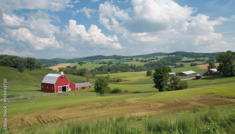 Fertile farmland with red barns under a bright sky in a rural landscape during the summer Fertile farmland with red barns under a bright sky in a rural landscape during the summer
