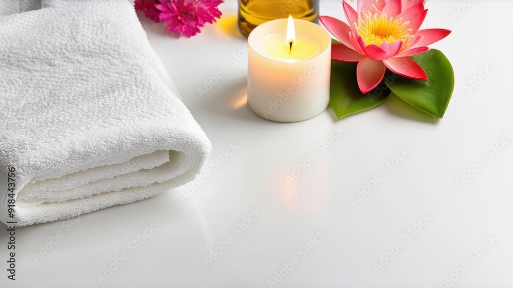 Spa accessories installed in a day spa hotel in Bali in the health and beauty center. Spa products - towels, candles, aromatic oils are placed in a luxury spa on a tropical island ready for massage, Spa accessories installed in a day spa hotel in Bali in the health and beauty center. Spa products - towels, candles, aromatic oils are placed in a luxury spa on a tropical island ready for massage,