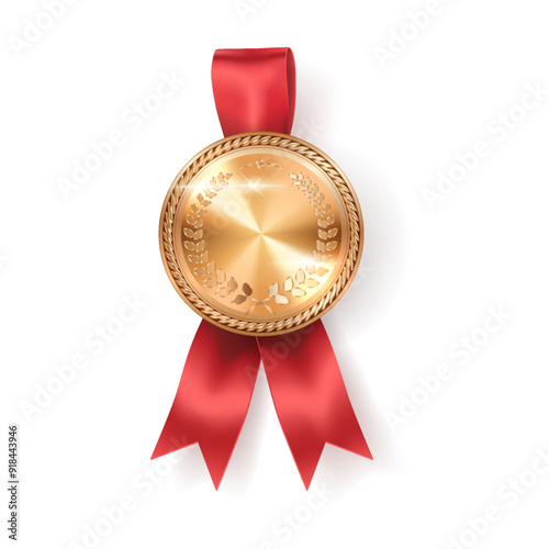 Glittering gold medal badge with red ribbon realistic vector illustration. Mockup trophy for quality contest winner 3d object on white background