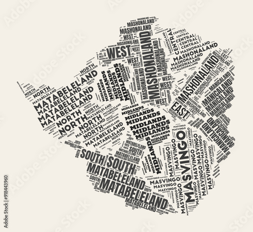 Zimbabwe Word Cloud. Country with regional divisions. Zimbabwe typographic text clouds vector image design in a vintage gazette style. Stylish vector illustration.