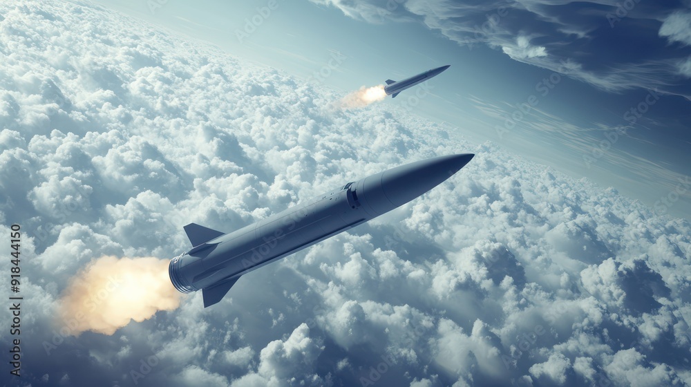 Photo of a missile with the speed of sound Combat missiles are flying above the clouds.