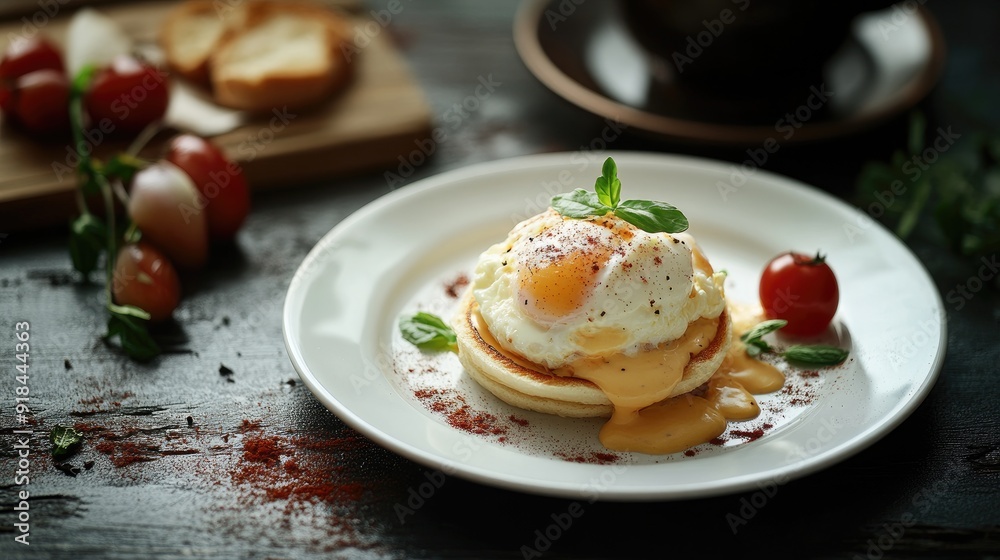 Tasty egg Benedict on a white plate, with a cup of freshly brewed coffee nearby, placed on a dark, elegant background for a cozy morning meal. Tasty egg Benedict on a white plate, with a cup of freshly brewed coffee nearby, placed on a dark, elegant background for a cozy morning meal.