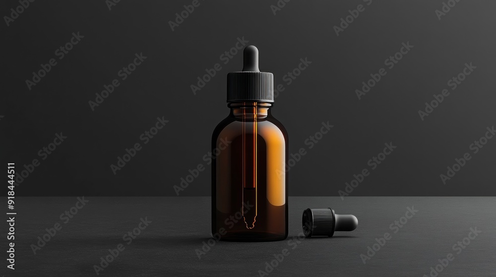 Amber Glass Dropper Bottle on Black Background Amber Glass Dropper Bottle on Black Background