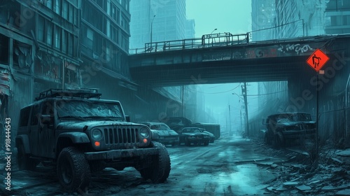 An empty, darkened urban street with abandoned vehicles and crumbling buildings.  photo