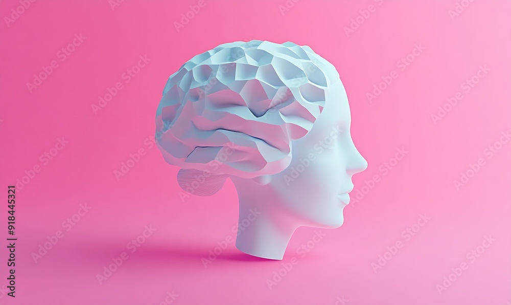 A 3D rendered head with a brain as hair on a pink background.