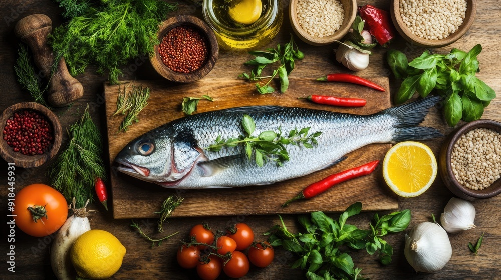 Top-down view of uncooked seabass fish accompanied by vegetables, grains, herbs, and spices on a wooden chopping board, emphasizing freshness. Top-down view of uncooked seabass fish accompanied by vegetables, grains, herbs, and spices on a wooden chopping board, emphasizing freshness.