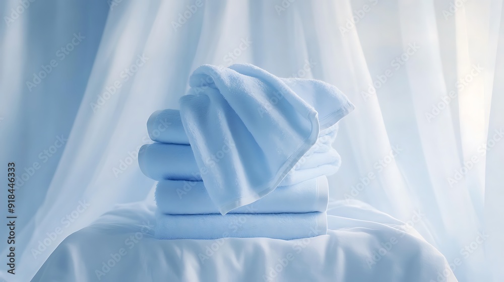 Obraz premium Stacked Light Blue Towels on a White Sheet