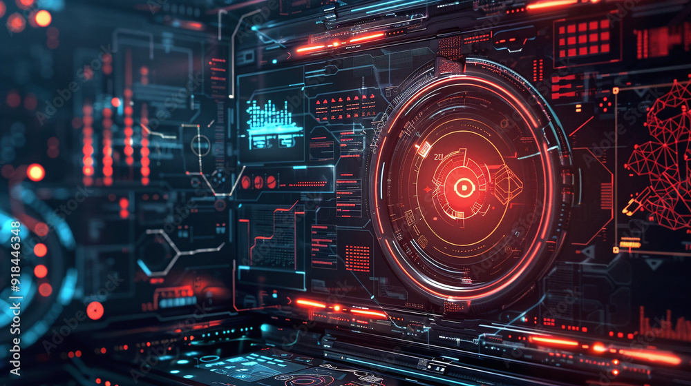 Futuristic Command Center Interface with Digital World Map and Data Displays