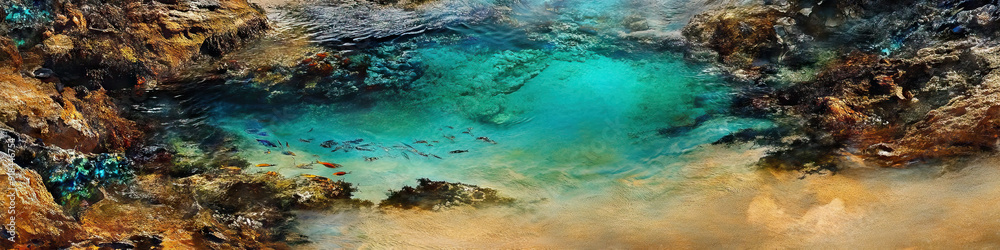 The Turquoise Tidepool: A serene rock pool teeming with sea life, surrounded by warm sand and turquoise waters The Turquoise Tidepool: A serene rock pool teeming with sea life, surrounded by warm sand and turquoise waters