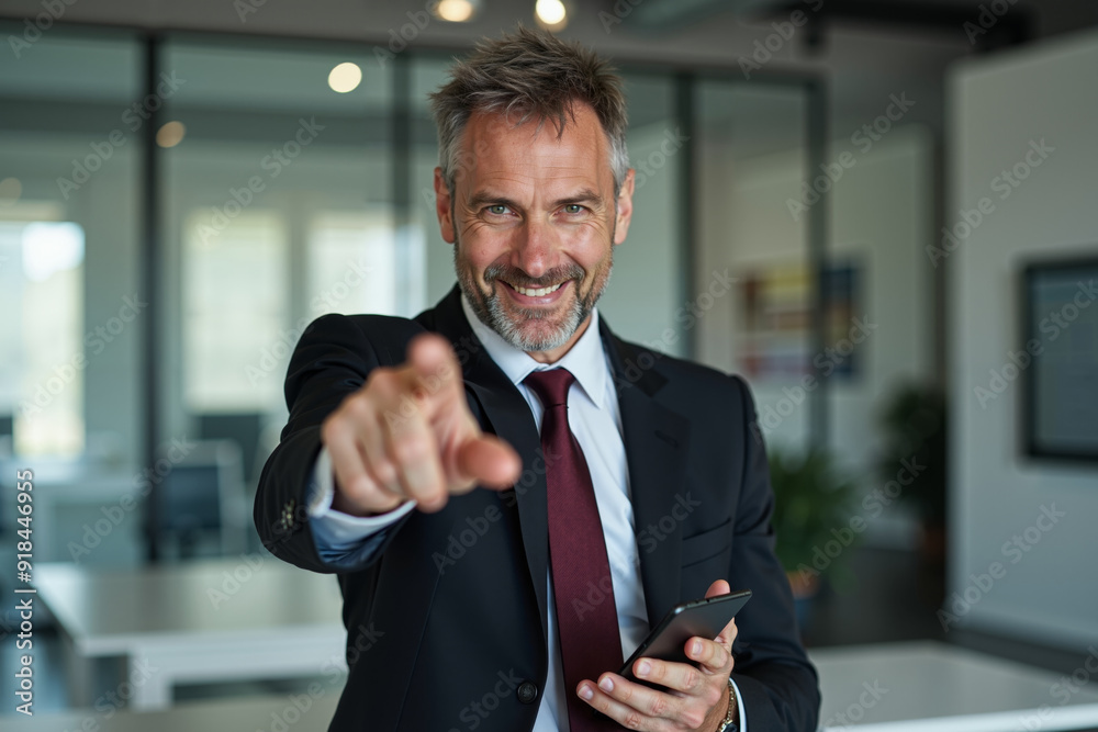Fototapeta premium photo of man in suit outfit pointing index finger in the office, generative AI