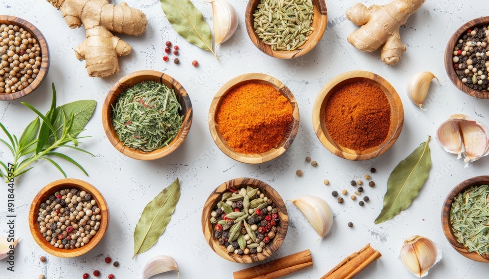 Aromatic spices and herbs displayed in wooden bowls on a light background Aromatic spices and herbs displayed in wooden bowls on a light background