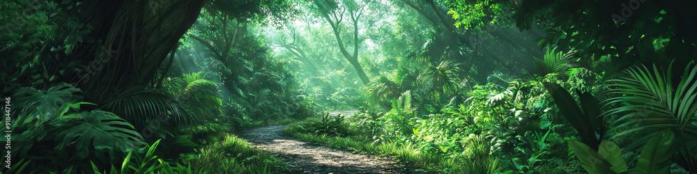 Fototapeta premium The Emerald Escape: A lush jungle canopy, towering above a winding path, dappled with sunlight.