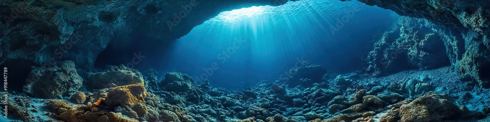 Grotto underwater cave by the ocean with sunlight and rocks. Blue water. Grotto underwater cave by the ocean with sunlight and rocks. Blue water.