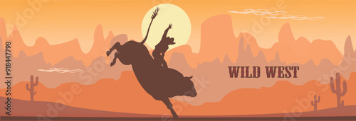 Man riding bucking bronco in rodeo wild west
