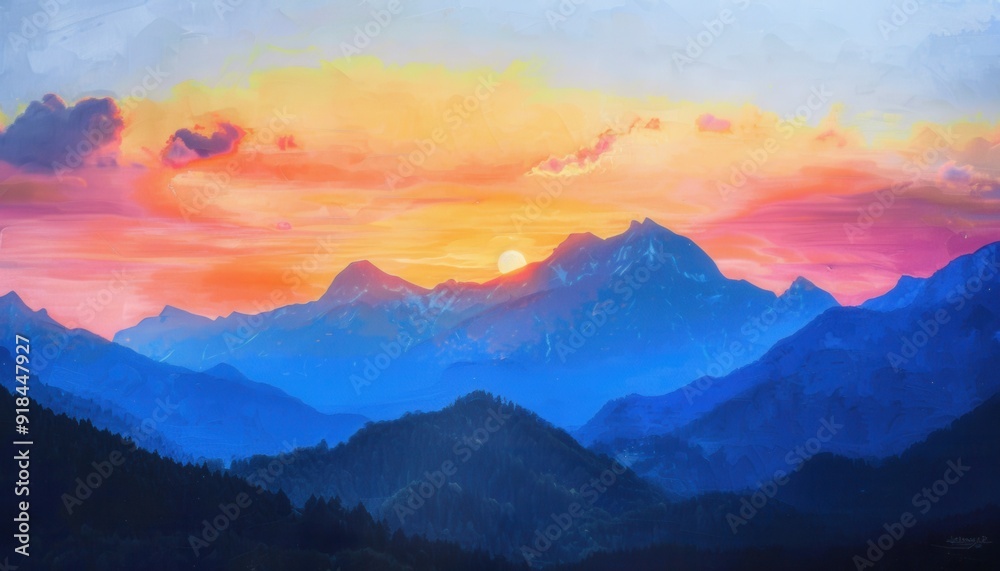 Vibrant sunset over mountain peaks with colorful sky and silhouettes of hills
