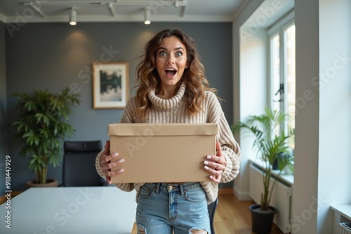 photo of woman in outfit holding gift box pressent in the office, generative AI photo