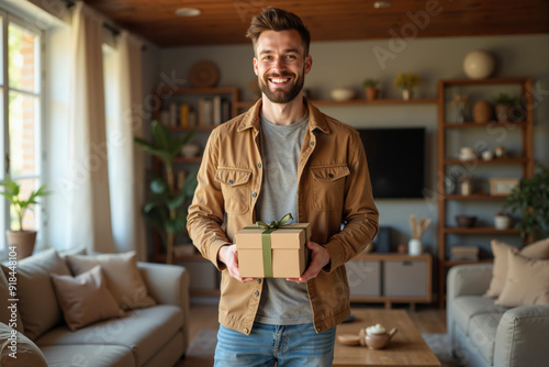 photo of man in outfit holding gift box pressent in the house, generative AI photo