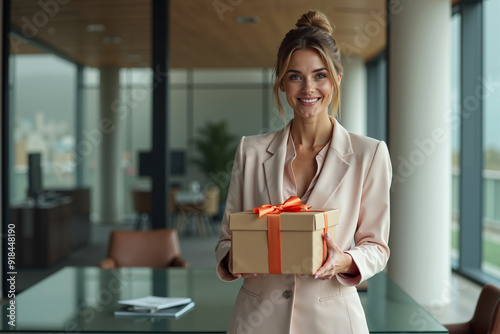 photo of woman in outfit holding gift box pressent in the house, generative AI