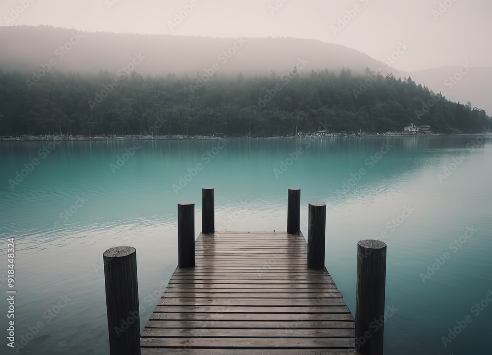Obraz premium A Beautiful Serene Lake View Featuring a Wooden Pier Set Within a Misty Landscape Scene