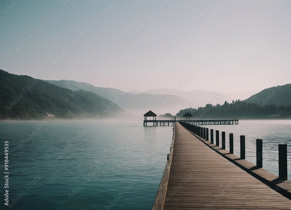 Obraz premium A Beautiful Serene Lake View Featuring a Wooden Pier Set Within a Misty Landscape Scene