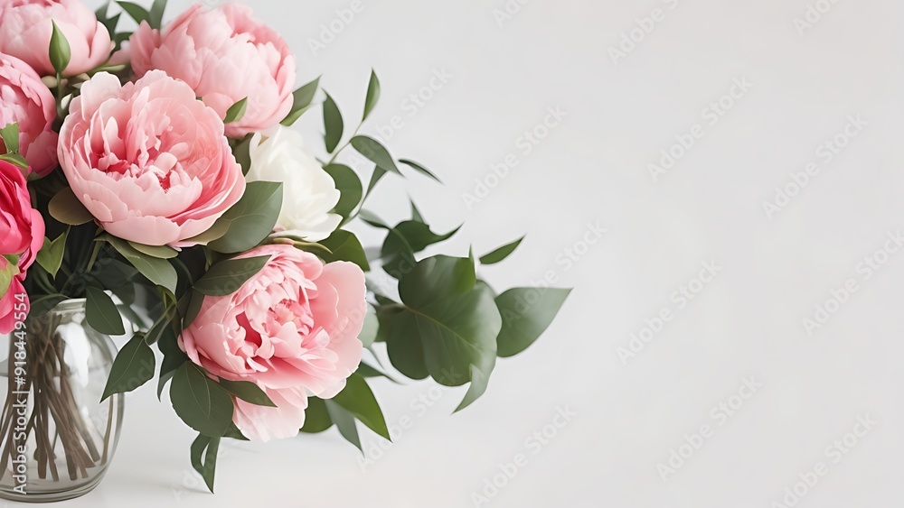 Fresh bunch of pink peonies and roses