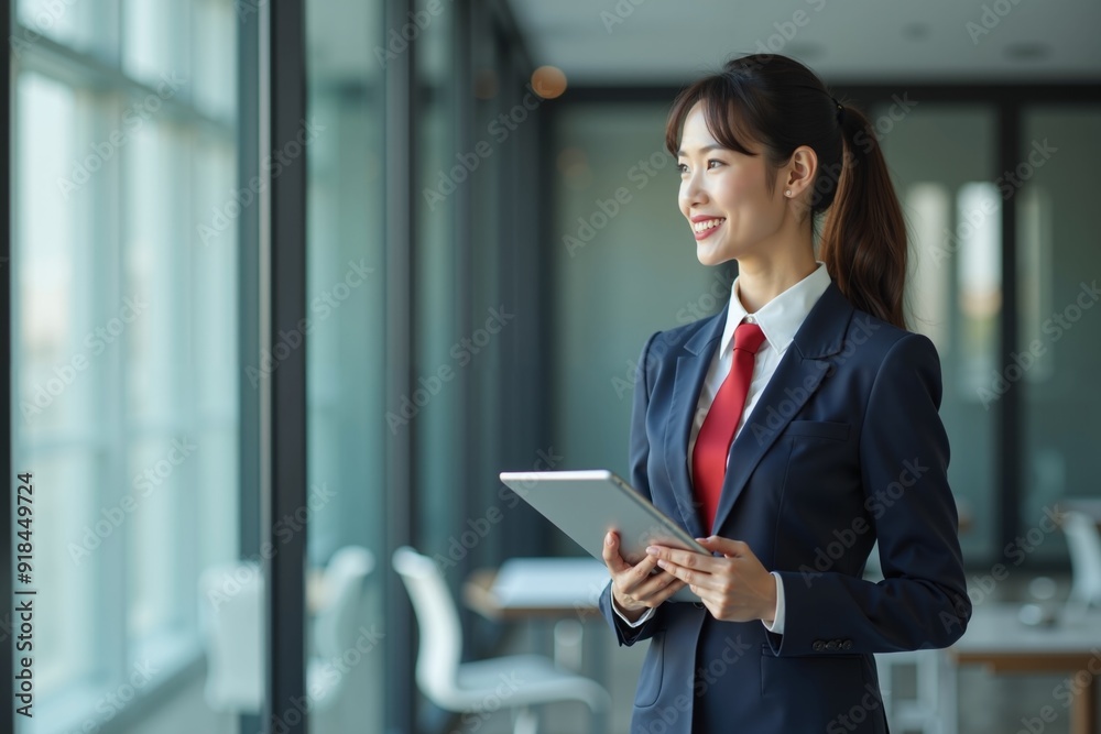 photo of woman in navy suit outfit and red tie holding tablet in the office, generative AI