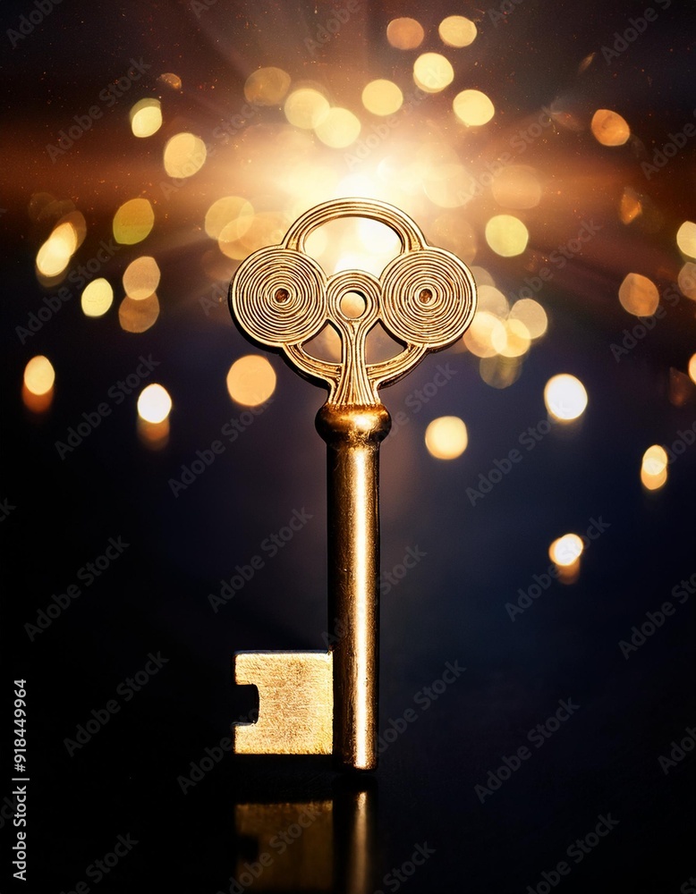 Golden key with glowing lights and dark background, wisdom, wealth concept Golden key with glowing lights and dark background, wisdom, wealth concept