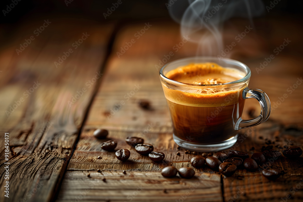 Aromatic Coffee in a Clear Mug Surrounded by Roasted Beans Aromatic Coffee in a Clear Mug Surrounded by Roasted Beans