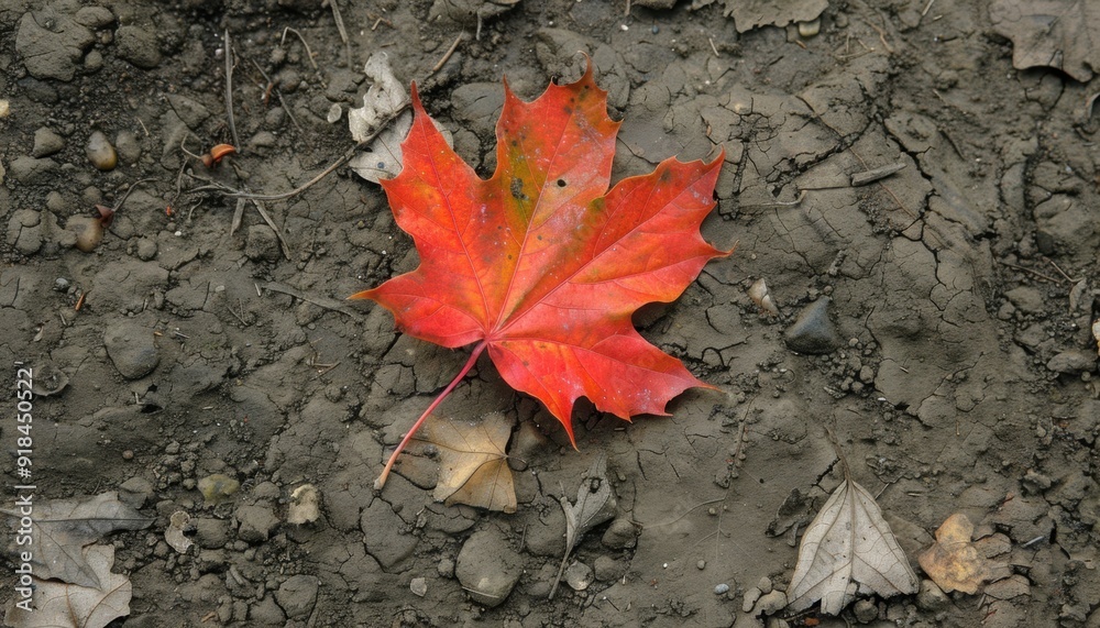 A vibrant red maple leaf resting on brown soil during autumn A vibrant red maple leaf resting on brown soil during autumn