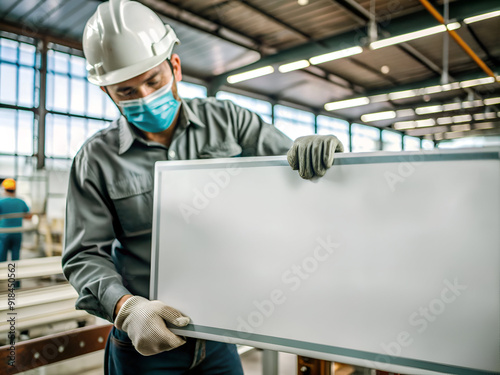 Engineer holding blank white board in factory. Factory worker wearing protective mask and hat.