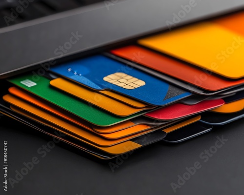 Online marketplace with diverse payment options, closeup of international credit cards and digital wallets