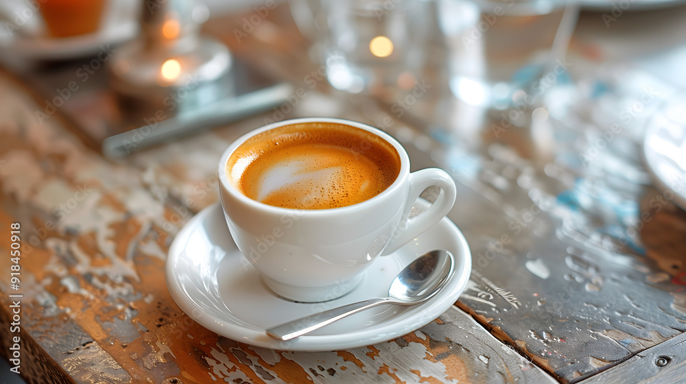 Aromatic Fresh Espresso in a White Cup on Rustic Wooden Table Aromatic Fresh Espresso in a White Cup on Rustic Wooden Table