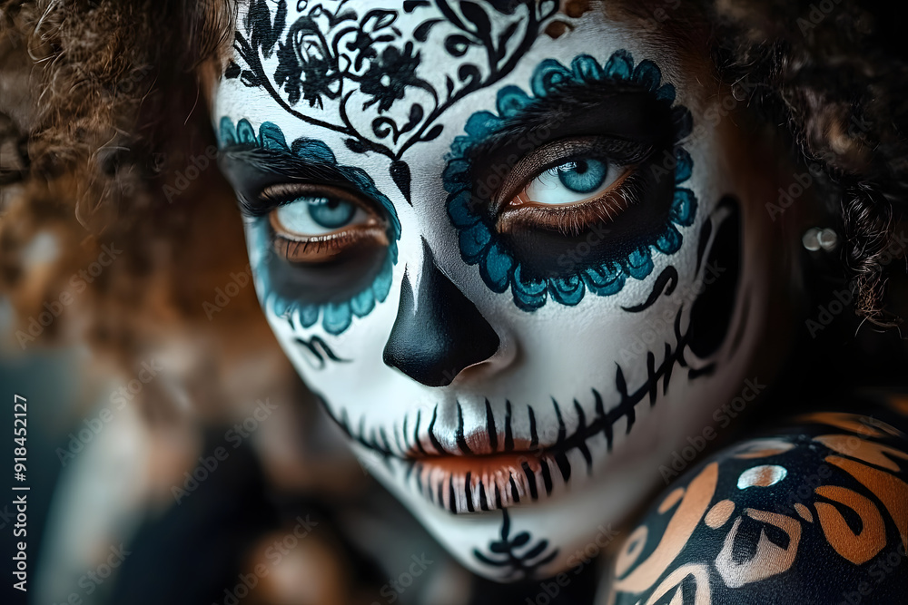Close-up of a girl with intricate skull face paint, expressing vulnerability and defiance. Close-up of a girl with intricate skull face paint, expressing vulnerability and defiance.