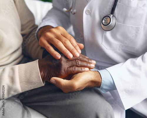 A doctor offers empathy and support by holding the patient’s hand. Provides hope through gentle care and therapy, Generative AI