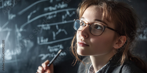 Female Teacher Writing on Blackboard, Using Interactive Projector.