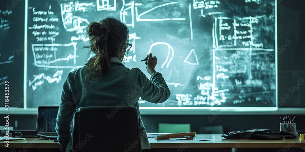 Female Teacher Writing on Blackboard, Using Interactive Projector. Female Teacher Writing on Blackboard, Using Interactive Projector.