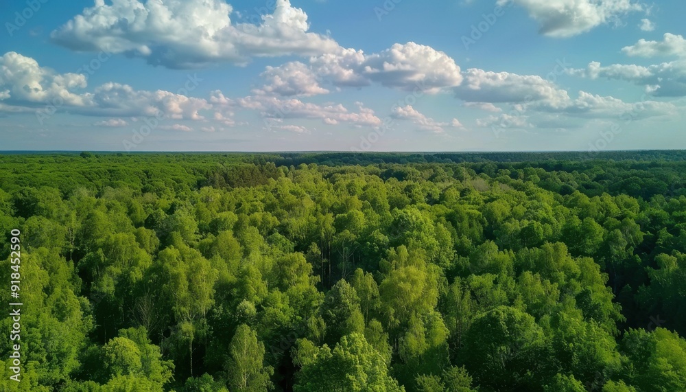 Lush green forest under a sunny sky in late spring with scattered clouds Lush green forest under a sunny sky in late spring with scattered clouds