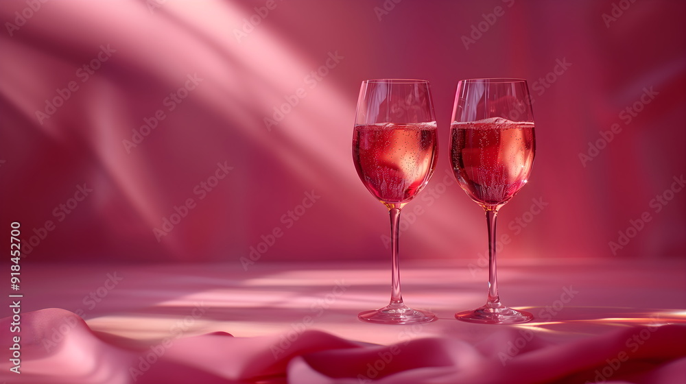 Two glasses of pink wine on a pink background with copy space. Birthday greeting card, festive wedding banner Two glasses of pink wine on a pink background with copy space. Birthday greeting card, festive wedding banner