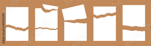 Five blank clean white A4 sheets of paper in vertical position torn horizontally in half or into pieces with ragged edges. Vector illustration in flat style. Elements for collages, forms, templates.