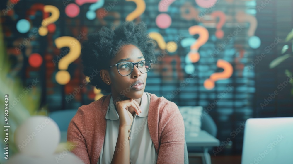 Person in a job interview, with question marks superimposed to symbolize interview questions and curiosity Person in a job interview, with question marks superimposed to symbolize interview questions and curiosity