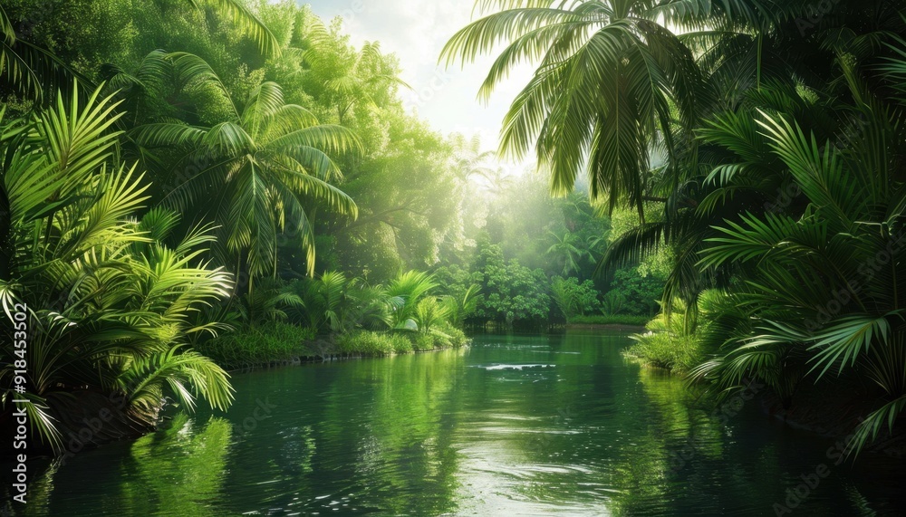 Serene tropical river surrounded by lush greenery in the early morning light Serene tropical river surrounded by lush greenery in the early morning light
