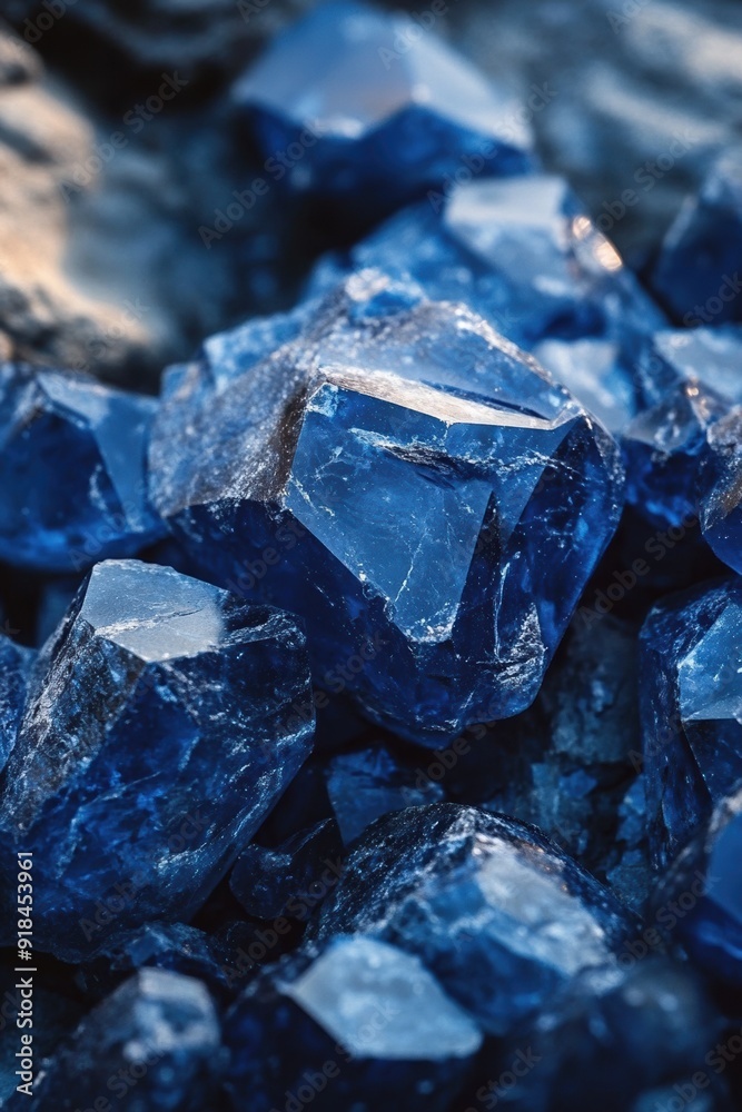A close-up of raw blue sapphires with sharp, angular facets, gleaming in natural light among dark stones, emphasizing the gemstone's rich color and natural beauty A close-up of raw blue sapphires with sharp, angular facets, gleaming in natural light among dark stones, emphasizing the gemstone's rich color and natural beauty