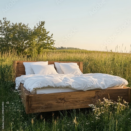 Outdoor bed with white bed sheet in green meadow, natural leisure concept