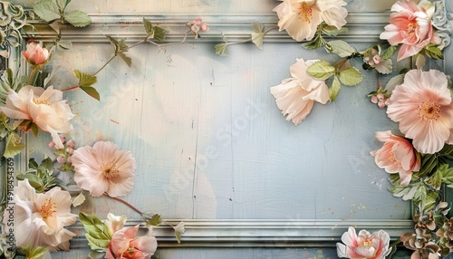 Floral decoration with soft pink flowers and green leaves on a light blue textured background in a vintage style